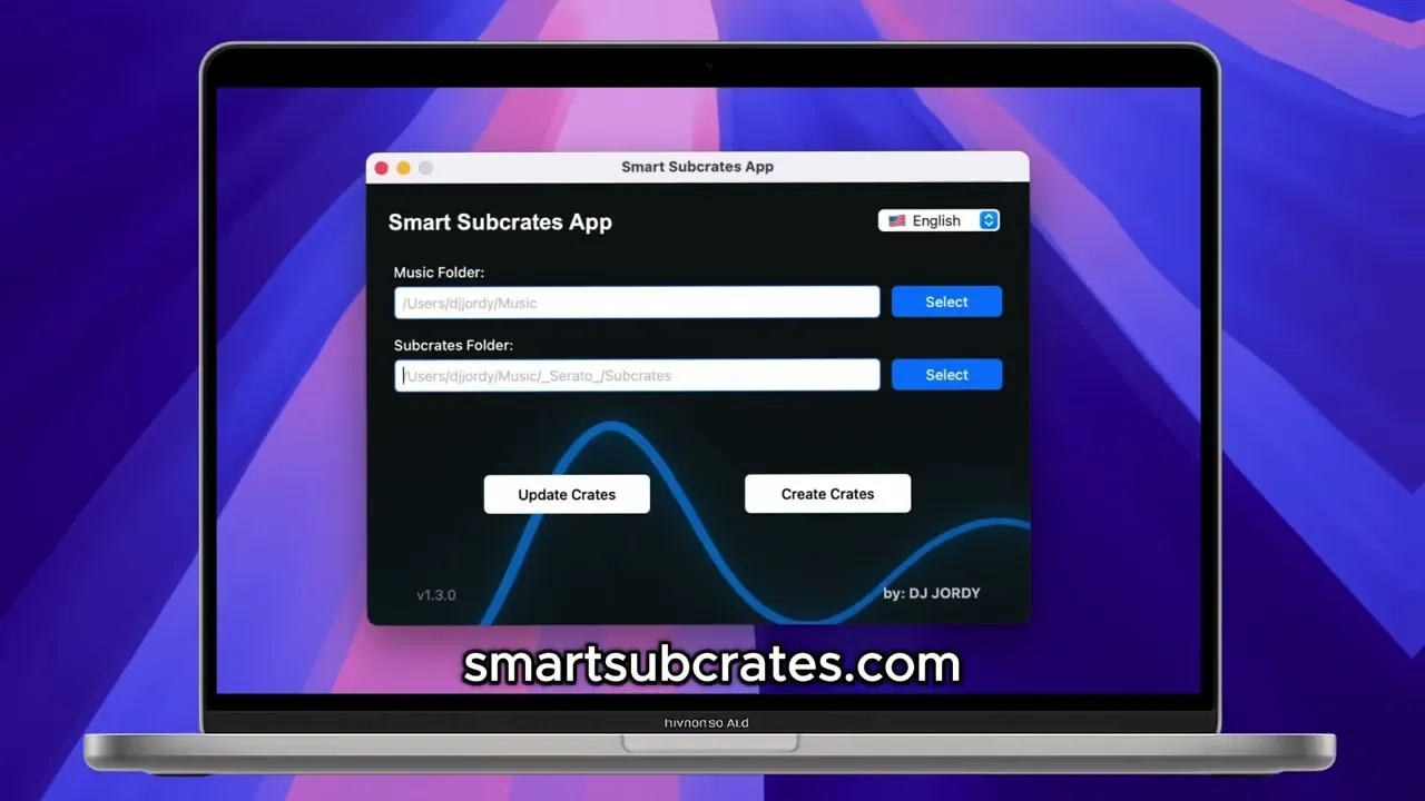 Smart Subcrates running on a MacBook, showing the Music and Subcrates folder pickers