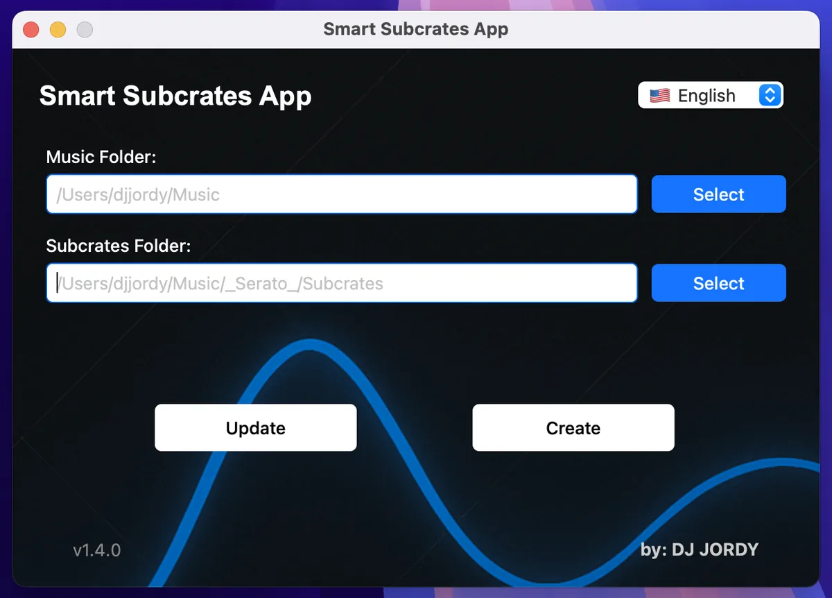 Smart Subcrates main window with fields for the Music folder and the Serato Subcrates folder