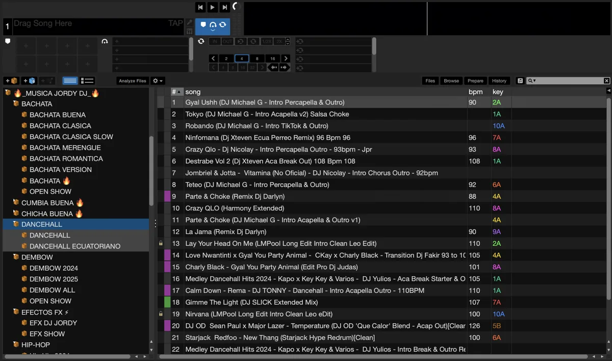 Serato DJ showing the generated subcrates for Bachata, Dancehall and Dembow with their tracks